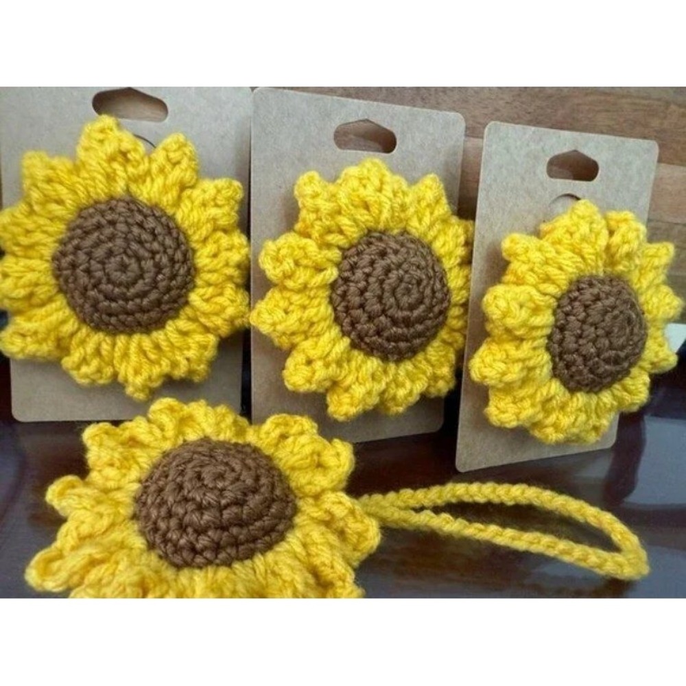 Handmade Crochet Sunflower bag Charm Rearview Mirror Hanging Accessory Yellow